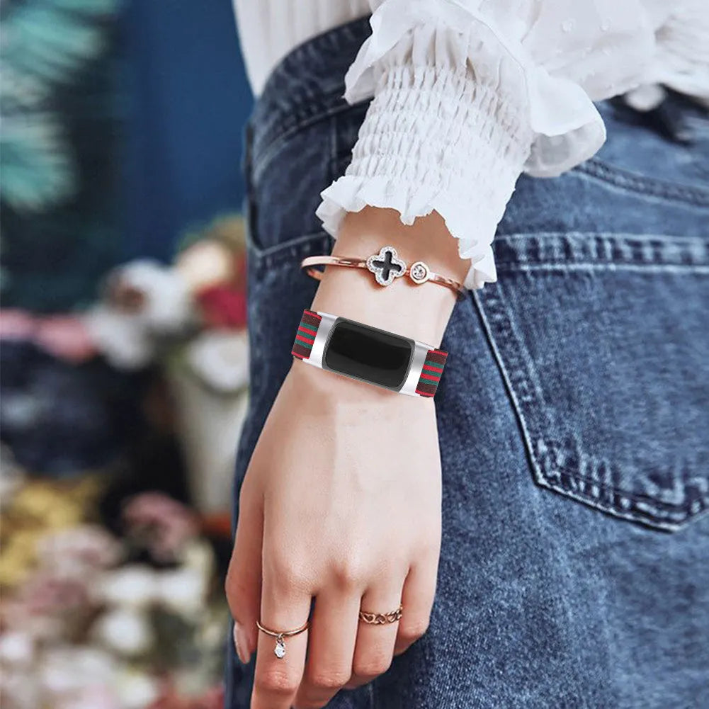 Printed elastic watch strap for Fitbit Charge 6 in various colours including rainbow