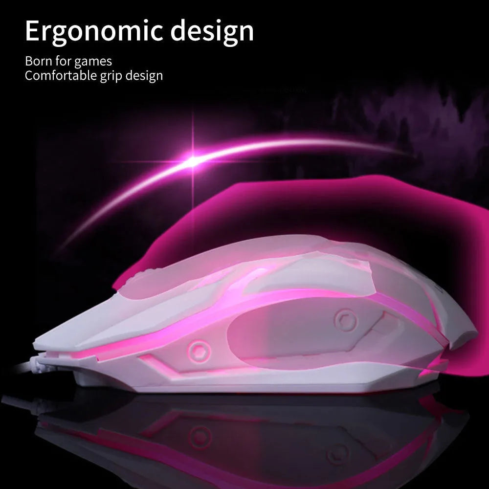 Wired USB computer mouse with LED glowing effects in black or white colour options on desktop