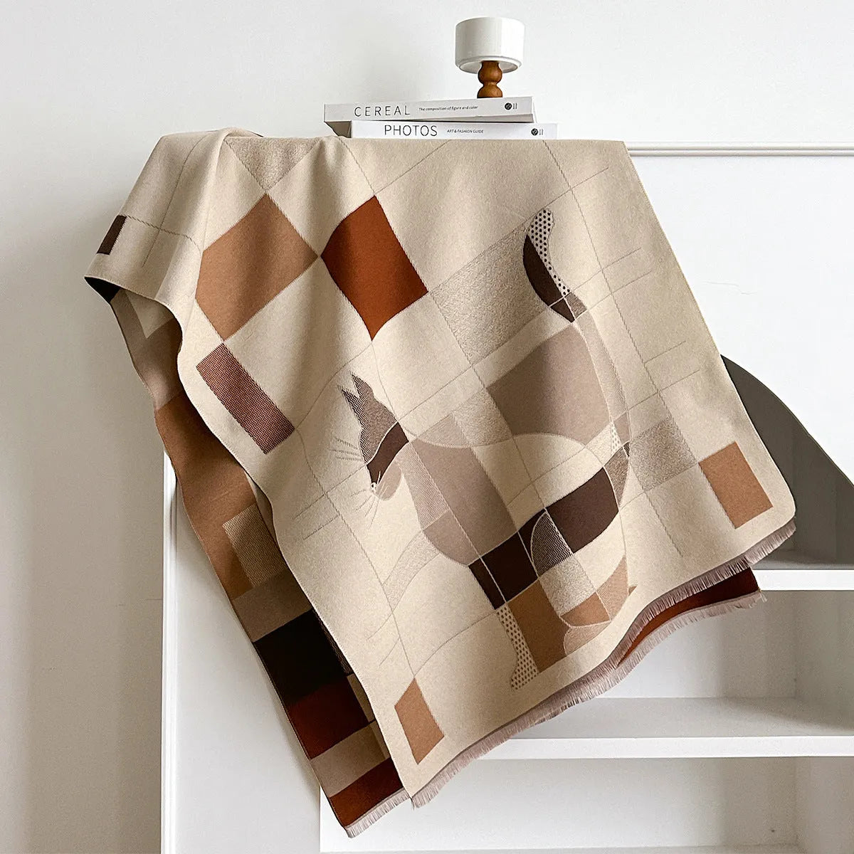Long beige imitation cashmere scarf draped to show its 185cm length and texture.