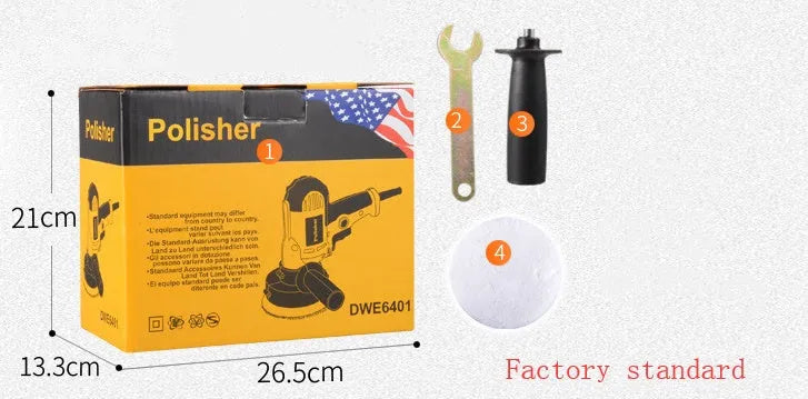 Yellow automobile polishing machine with 125mm disc for automotive metal, wood, tile and leather surfaces