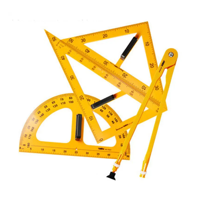 Orange and black plastic triangle ruler and protractor set with chalk compass mathematics teaching tools