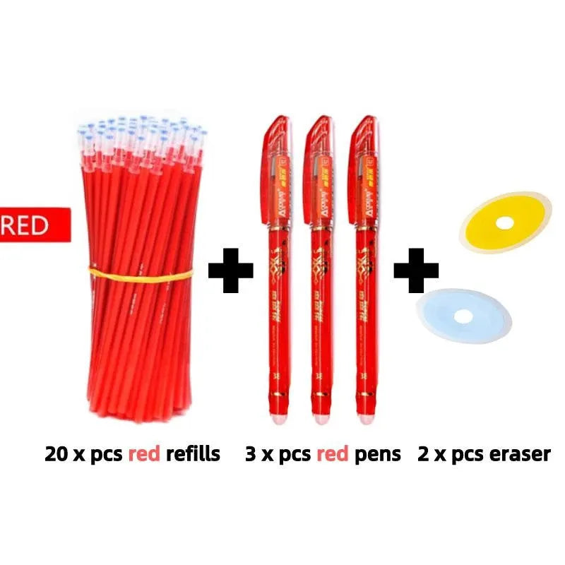 Erasable pen set with 0.5mm needle tip in black blue and red plastic body
