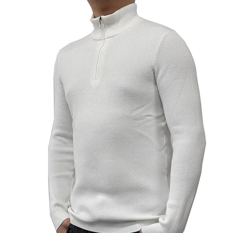 Men's grey half-turtleneck zip sweater in British style with long sleeves