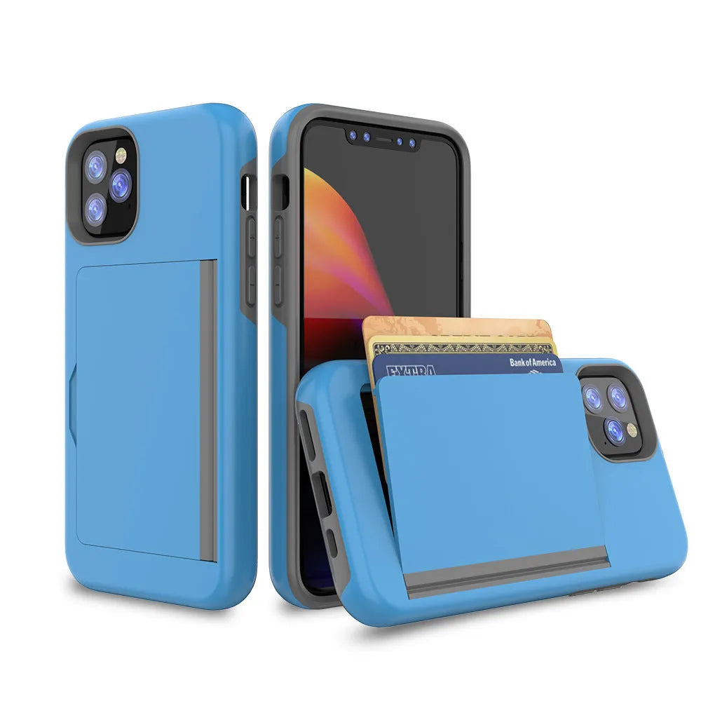 Slim black protective phone case for Apple iPhone 11, shown alongside red and blue colour options.