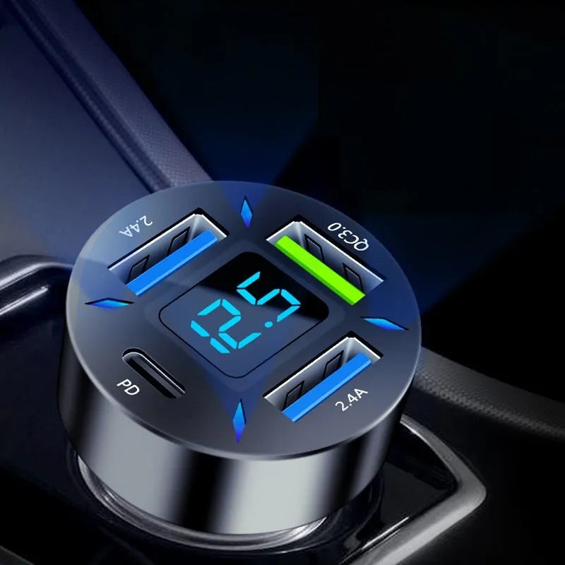 Four-port USB car charger with digital display for vehicle use
