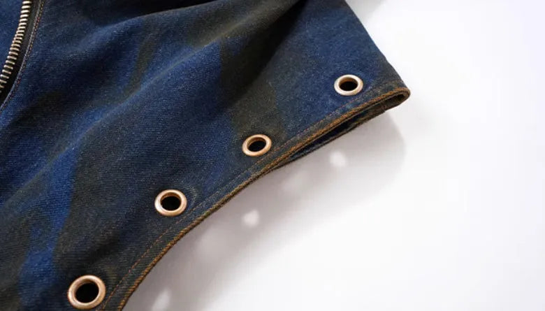 Blue Korean style hooded denim vest coat with matching trousers, front zip closure.