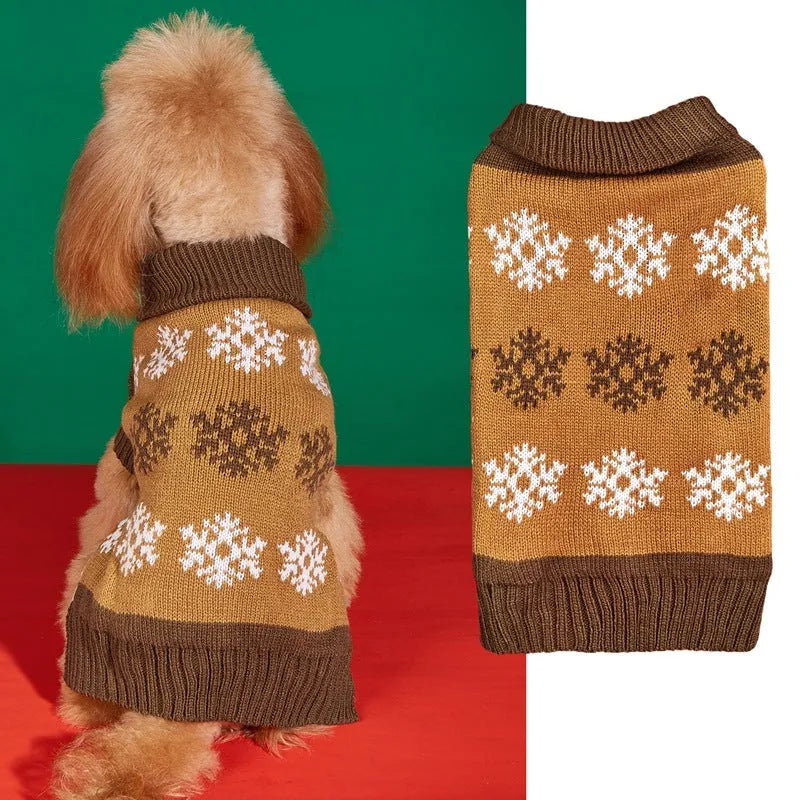 Grey and dark brown acrylic knit Christmas sweater for a dog on a festive background.