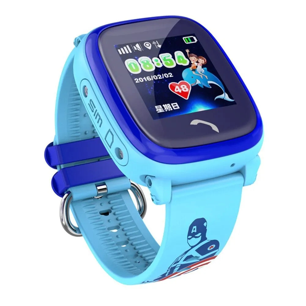DF25 blue children's waterproof smart watch with touch screen display on silicone strap