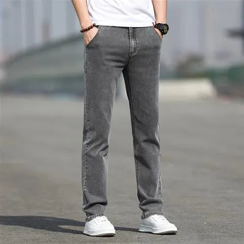 Men's smoky gray low-waist straight-leg jeans made from elastic rabbit fur fabric with a zip fly.