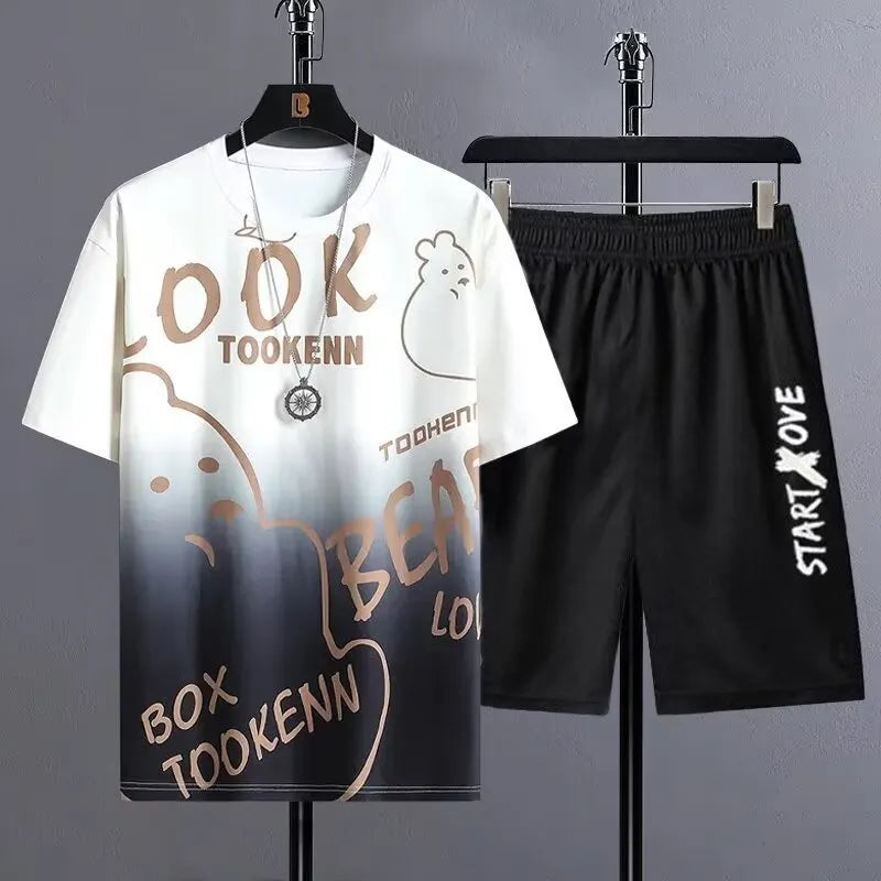 Men's summer ice silk suit set with short sleeve jacket and matching shorts