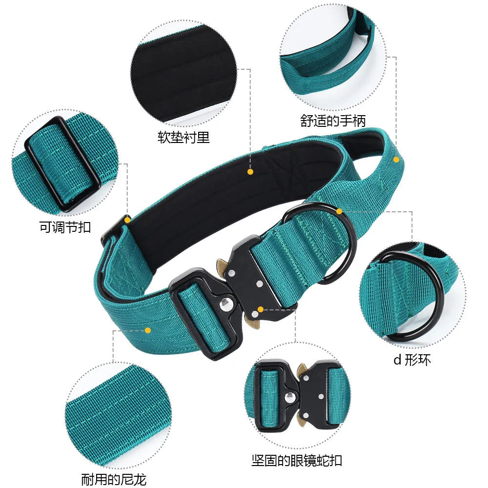 Nylon explosion-proof handle dog collar for medium and large dogs in black, 1.5-inch width, size shown L