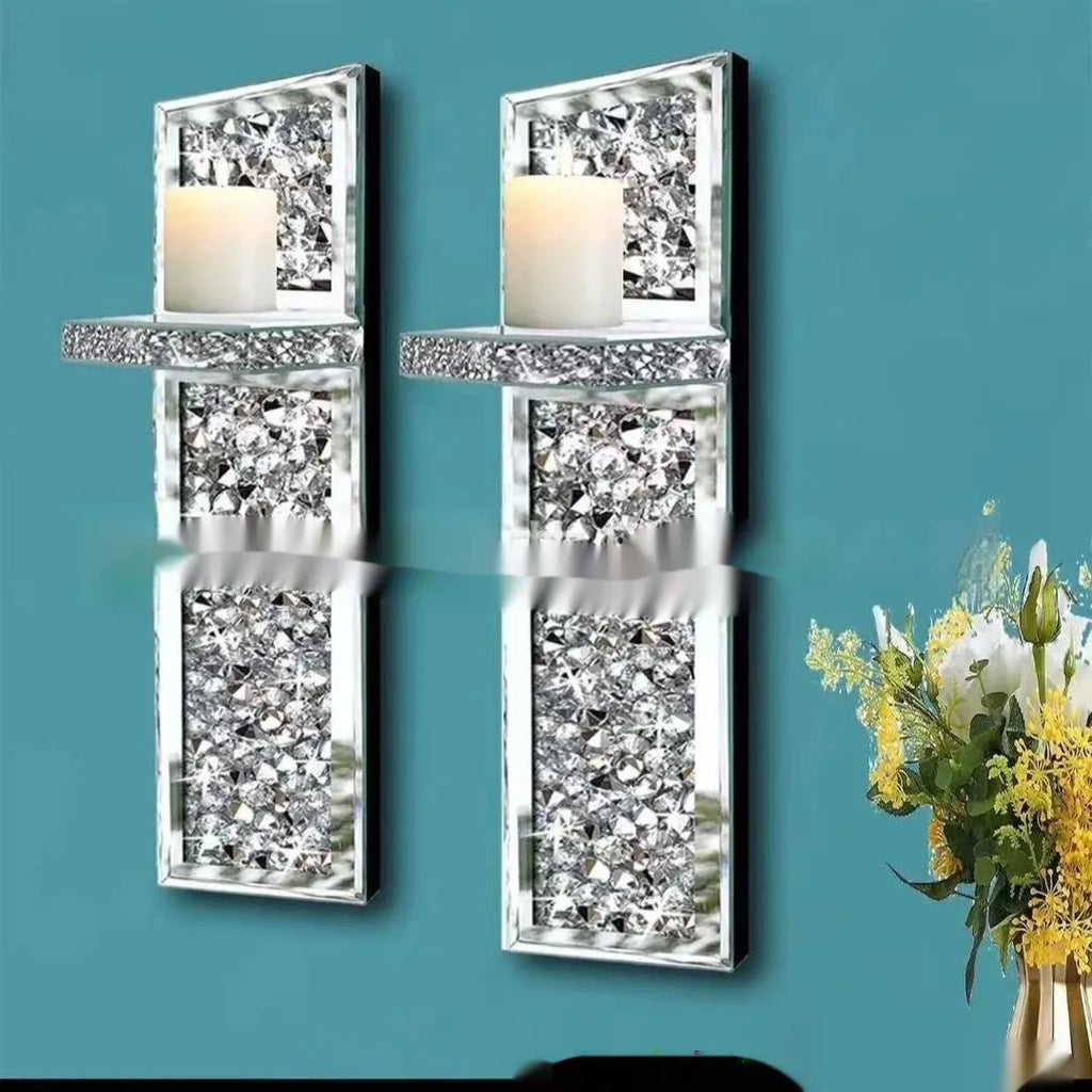 Pair of silver mirror glass wall candle holders with crystal candlesticks, modern design.