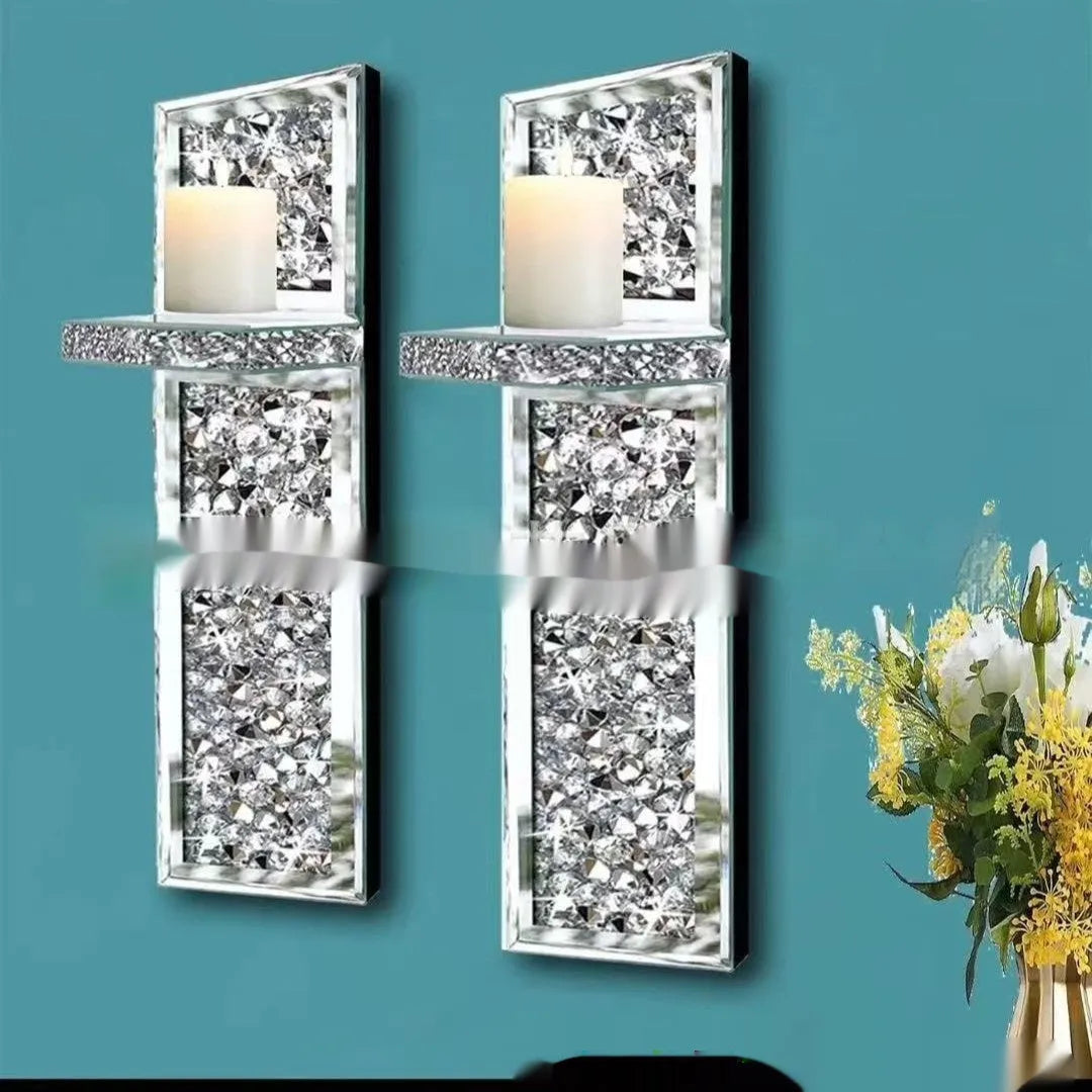 Pair of silver mirror glass wall candle holders with crystal candlesticks, modern design.