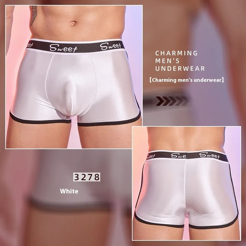 Men's shiny silky boxers in black, white, and sapphire blue colours