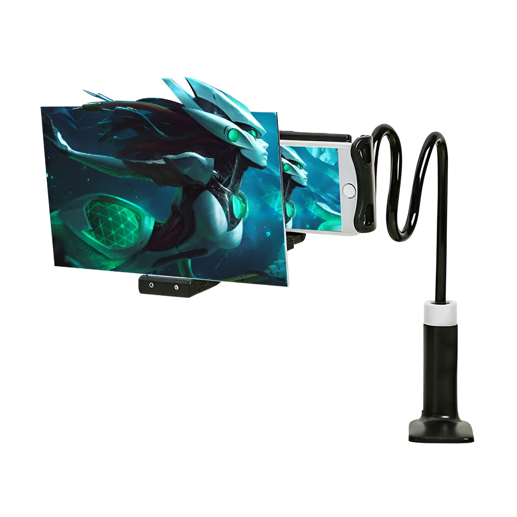 Black mobile phone screen amplifier with adjustable folding bracket on a 12-inch acrylic display