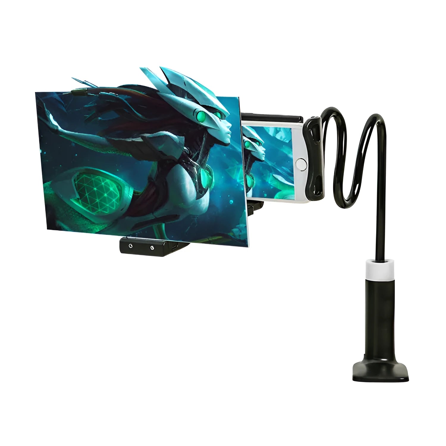 Black mobile phone screen amplifier with adjustable folding bracket on a 12-inch acrylic display