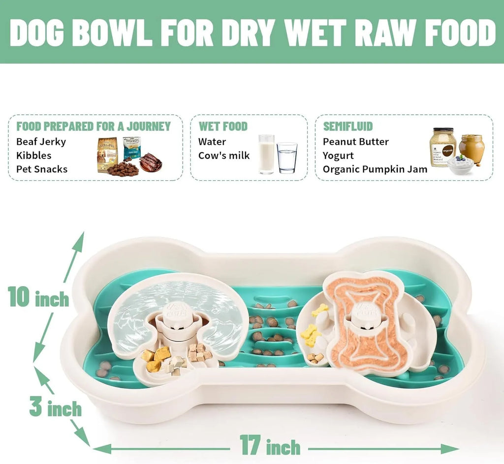 Large green slow feeder dog bowl with three separable puzzle trays for large breed dogs.