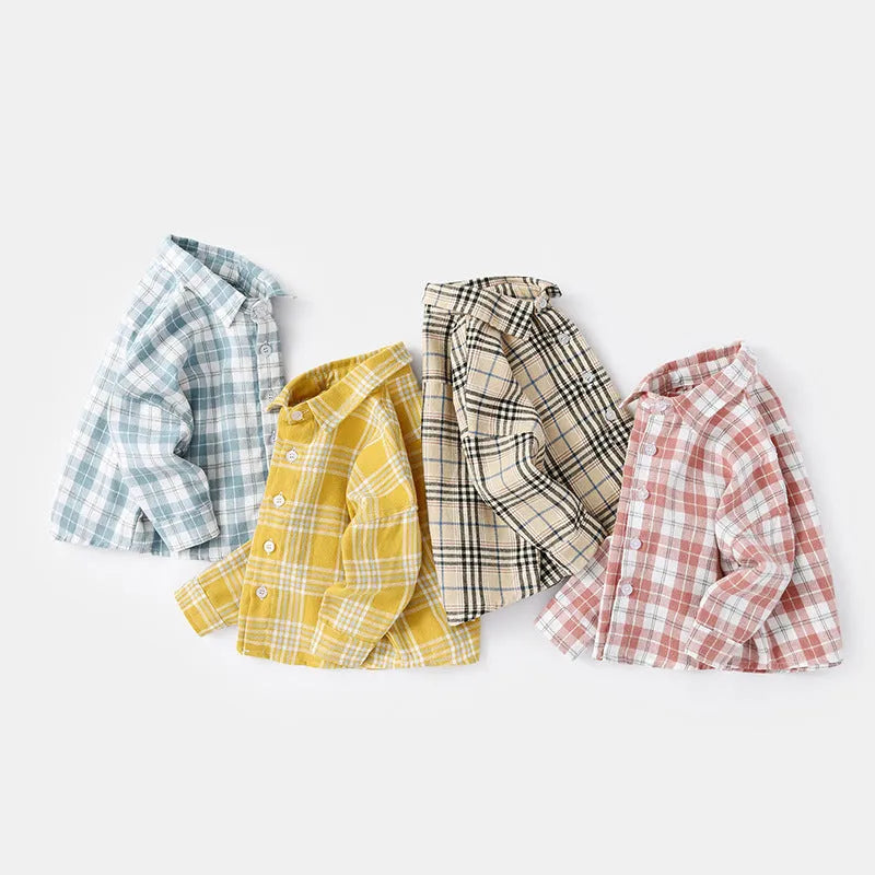 Boys' cotton shirt with lattice check pattern in khaki, available in sizes from 73cm to 110cm height