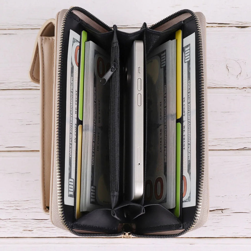 Fashion all-match mobile phone bag in black with rhombus light luxury pattern and clamshell opening