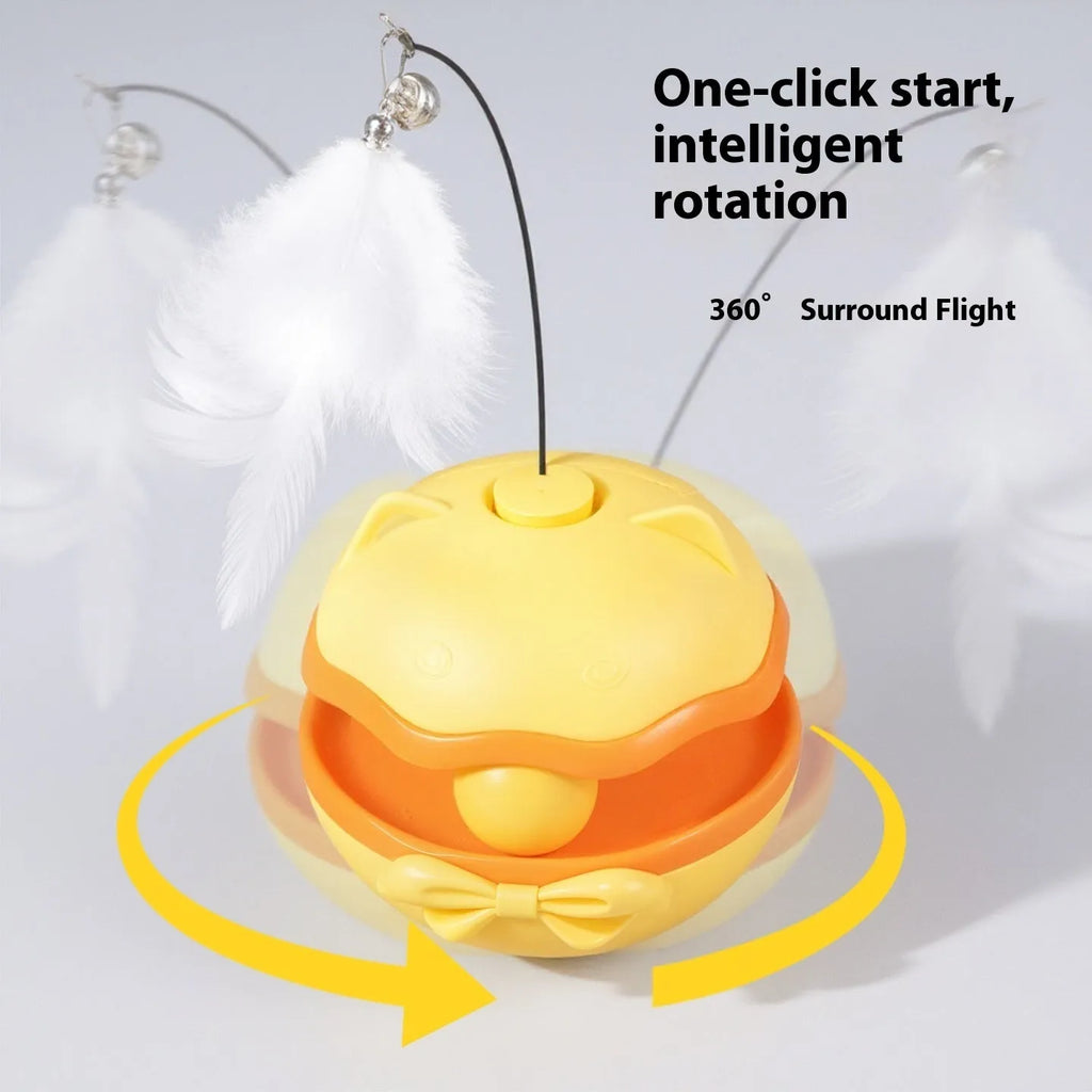Electric cat toy tumbler with self-moving action and teaser wand attachment in plastic construction