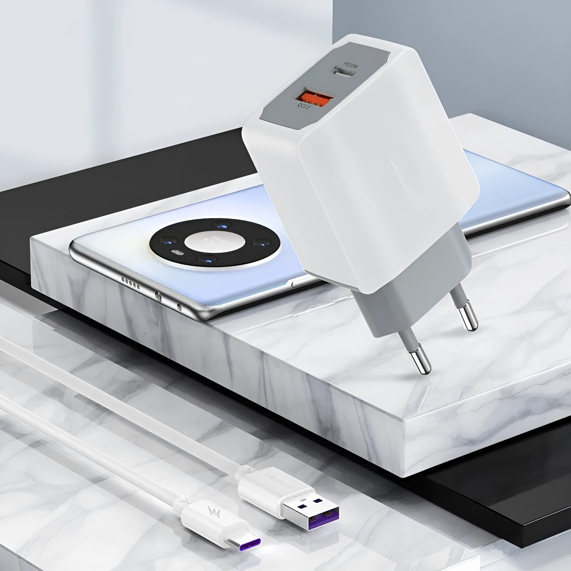 White European Standard phone fast charger set with compact 42mm design and USB interface