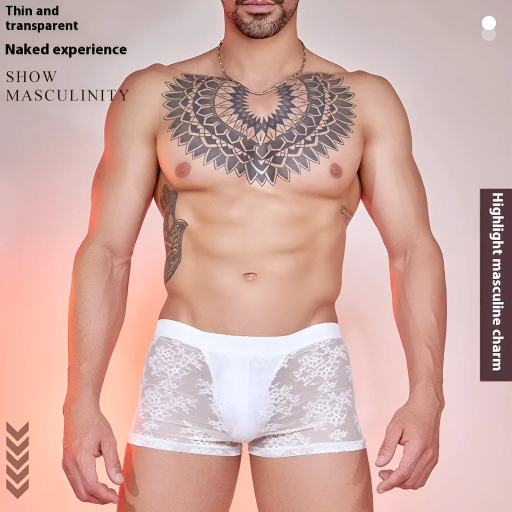 A pair of men's nylon lace boxers on a neutral background, shown in the available black, white, and red colour options.