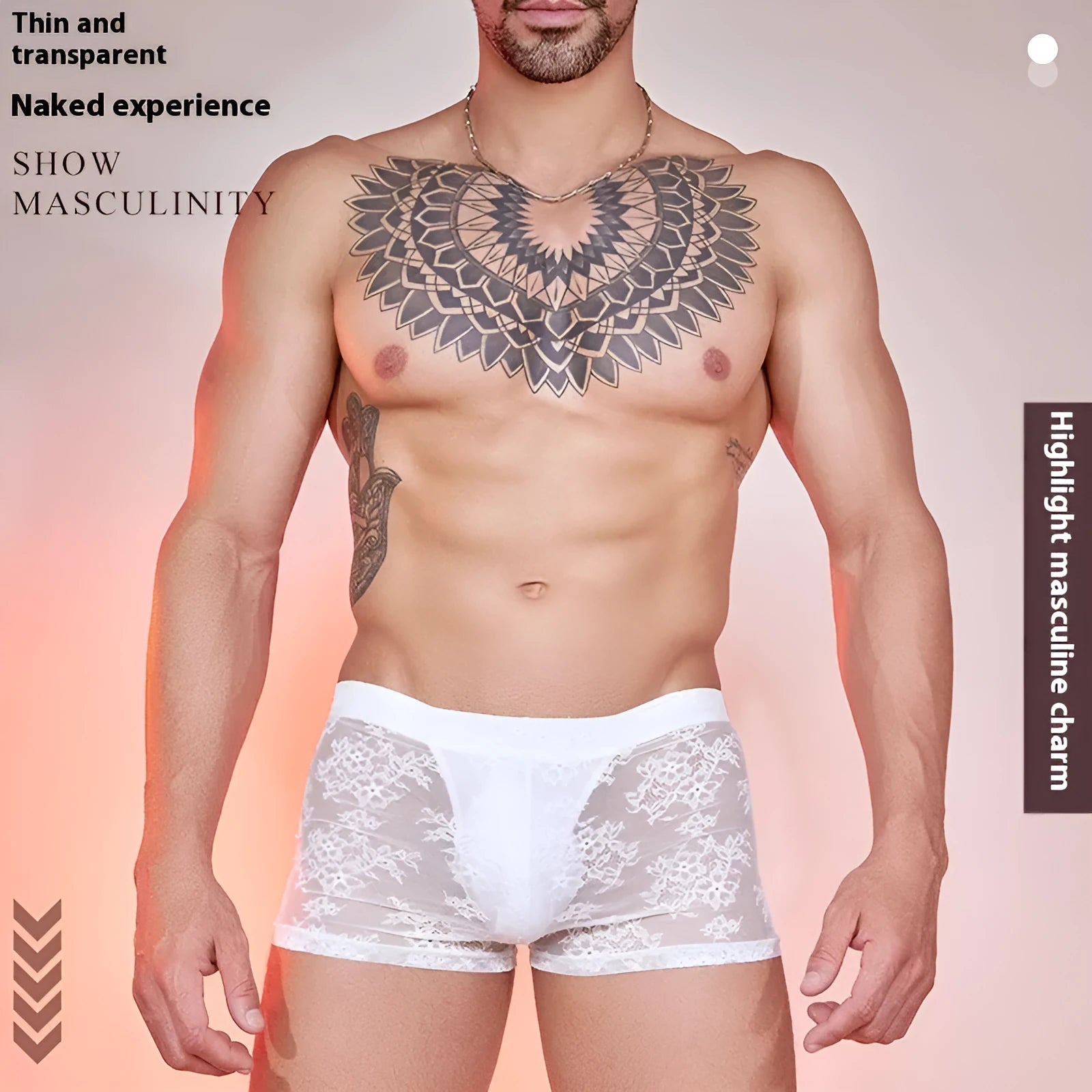 A pair of men's nylon lace boxers on a neutral background, shown in the available black, white, and red colour options.