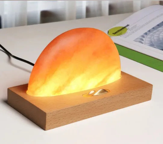 Wireless charging table lamp with natural crystal salt shade on solid beech wood base