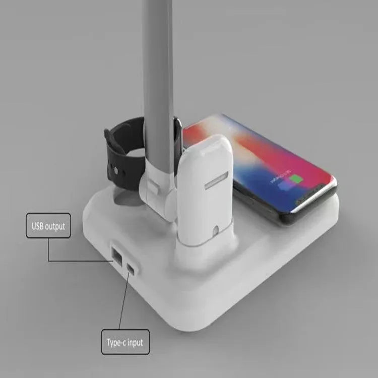 Black and white 4-in-1 LED desk lamp with wireless charging pad and USB-C port