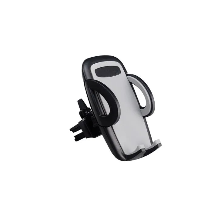 Black plastic mobile phone holder mounted on car air conditioning outlet with phone inserted