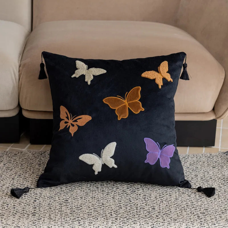 Square decorative cushion with butterfly embroidery in Chinese style, colours beige black purple, 45x45cm size.