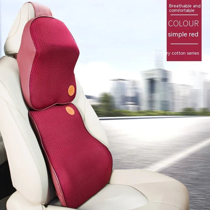 Black memory foam car headrest pillow and lumbar support pillow set on car seat