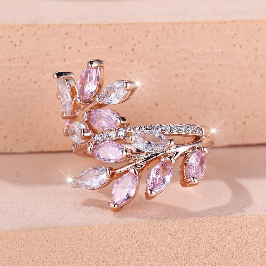 Adjustable horse eye zircon leaf fashion ring in copper with multiple colour options