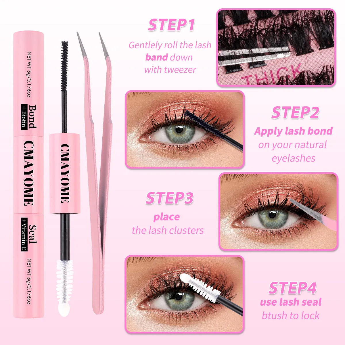 DIY false eyelashes extension suit showing cluster lashes and application tweezers for at-home use