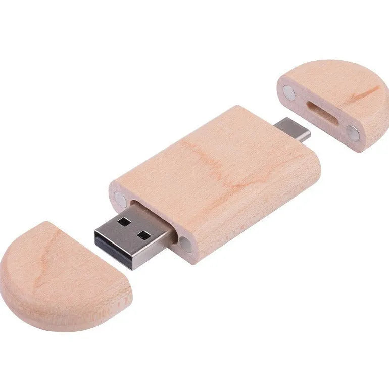 Carved wooden box-shaped USB flash drive with TYPE-C phone connector on display