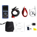 Handheld digital oscilloscope with probe on workbench for automotive electrical testing