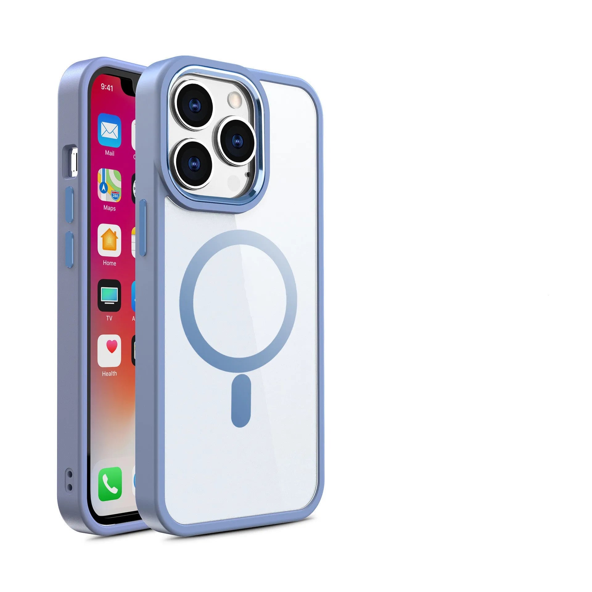 Magnetic transparent silicone phone case for iPhone in solid colours like black, blue, green, pink, and red.
