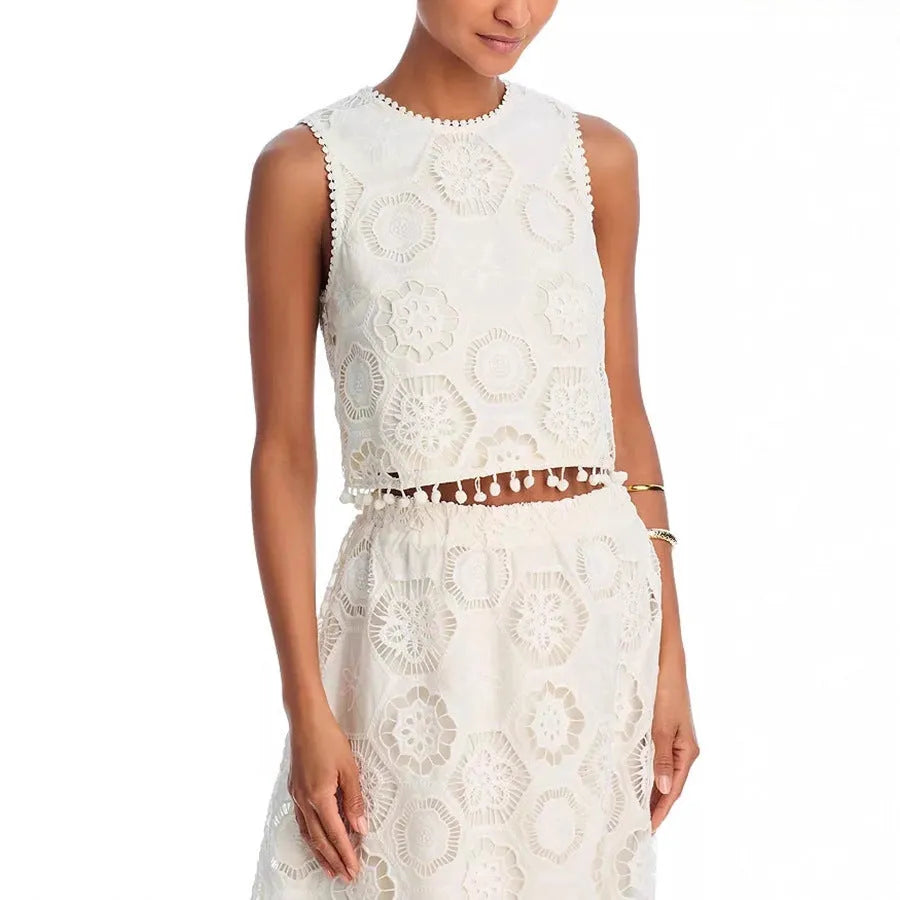 White women's sleeveless suit with embroidered long skirt in retro art style