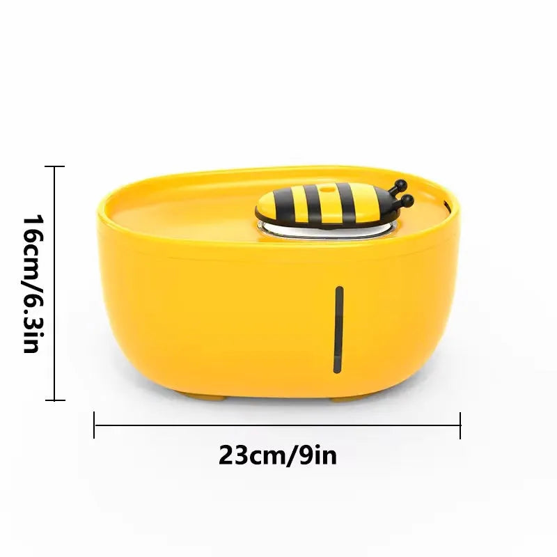 Yellow cat water fountain with filter, water level window, and anti-slip base.