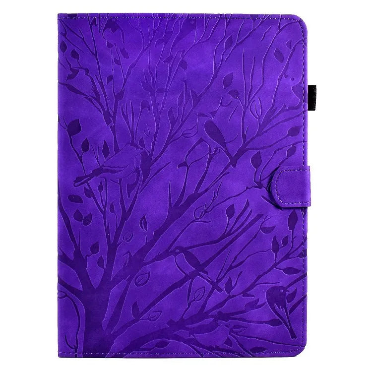 Imitation leather tablet case in black with integrated stand bracket, shown next to a tablet.