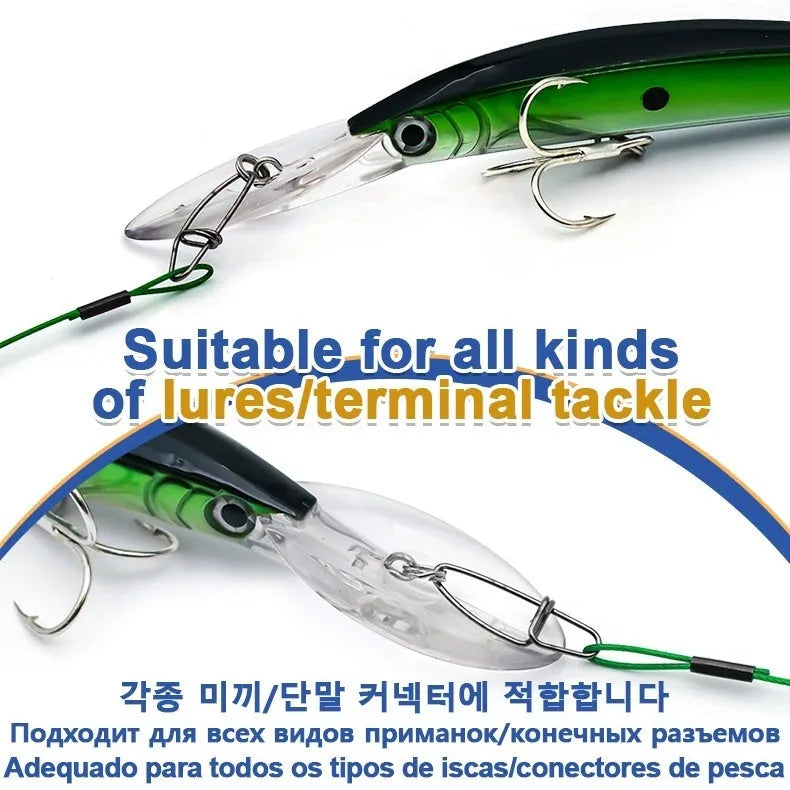 54cm green anti-bite fishing steel wire with a double buckle pin on a blue background.