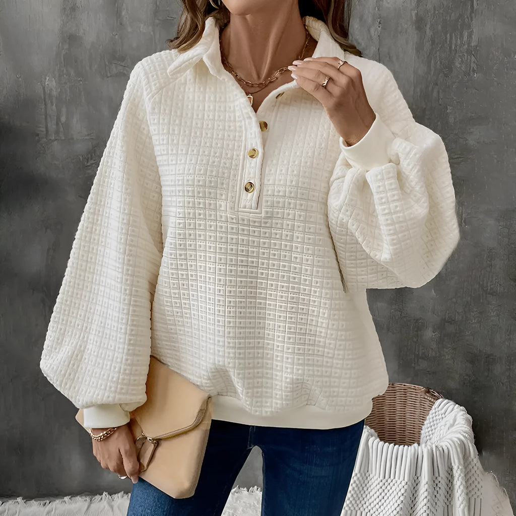 Women's milky white polo collar pullover sweater with long sleeves and a thickened knit texture.