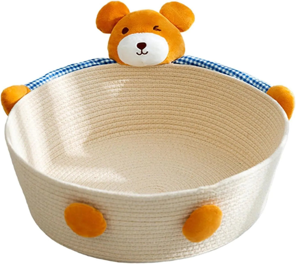 Woven cotton rope cat bed basket with bear pattern, functioning as a pet bed, scratcher, and storage container.