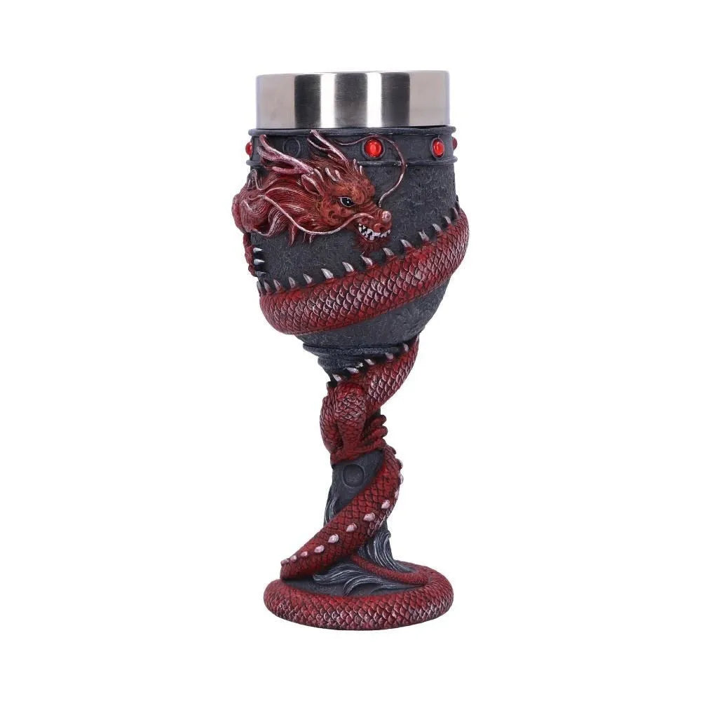Red wine glass with 3D Chinese dragon design on resin base and stainless steel stem.