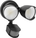 White 120V LED human body induction security flood light showing wall mount bracket and dimensions.