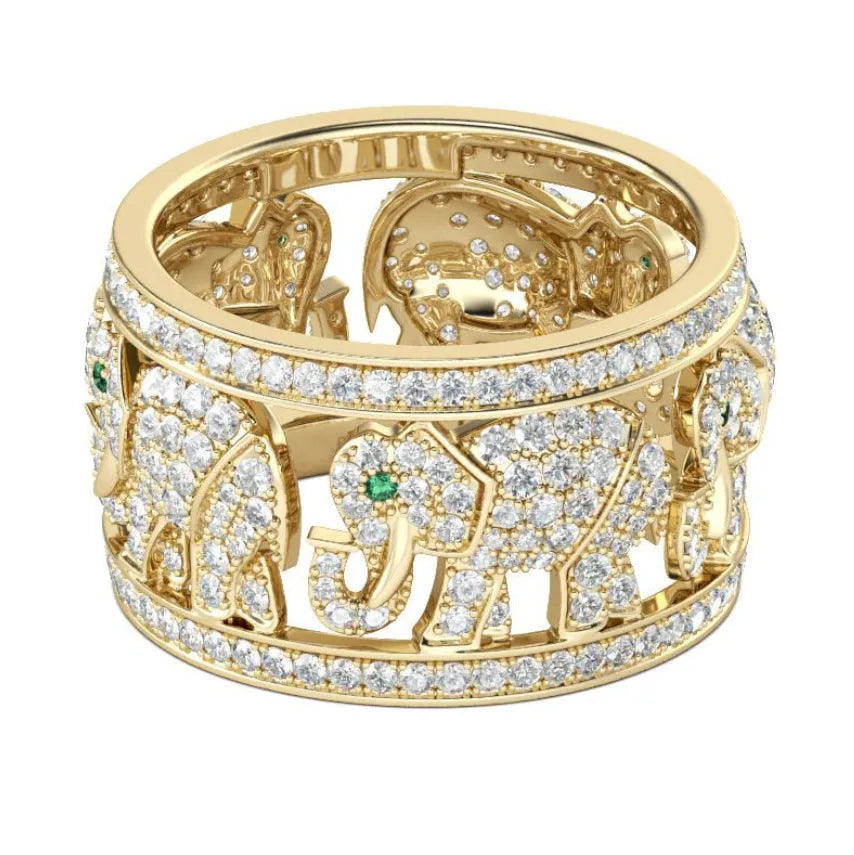 Gold or silver alloy elephant ring fully set with diamond-like stones, showing detailed design.