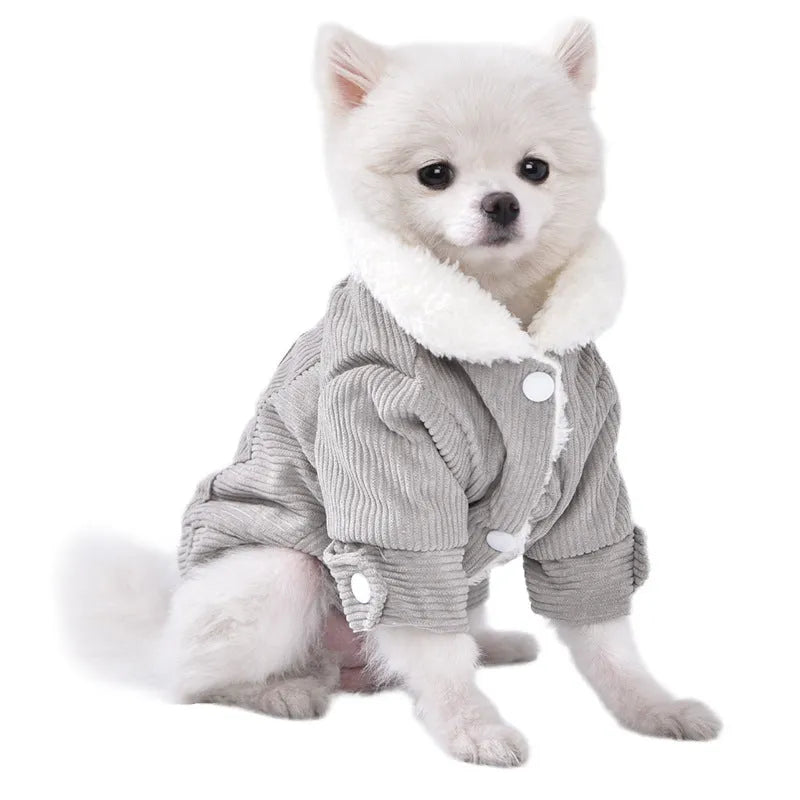 Lambswool fleece-lined padded vest for dogs and cats in grey or pink, shown in size range XS to XXL.