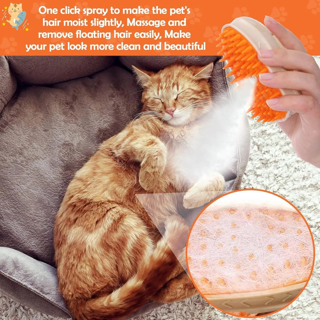 Yellow 4-in-1 cat steam brush with silicone teeth, water tank, and ringworm detector lamp.