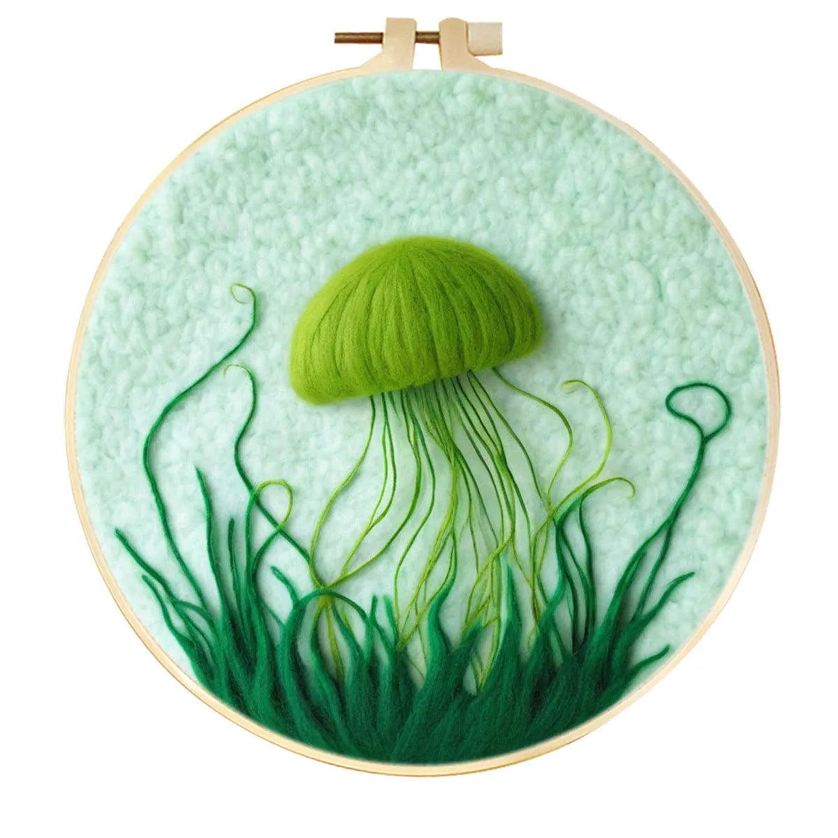 Round linen embroidery kit with wool felt materials for three-dimensional floral design