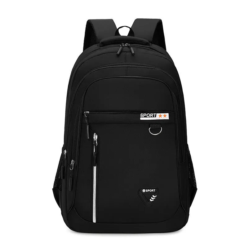 Men's large capacity Oxford cloth schoolbag in red with spliced design and air pillow straps.